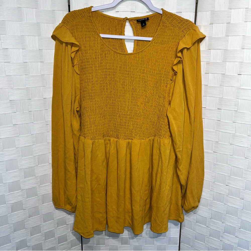 Torrid Peplum Crinkle‎ Gauze Smocked Long Sleeve Top Size 2X Yellow Gold